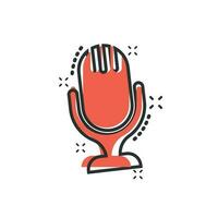 Microphone icon in comic style. Mic broadcast vector cartoon illustration pictogram. Microphone mike speech business concept splash effect.