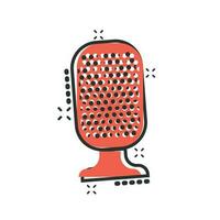 Microphone icon in comic style. Mic broadcast vector cartoon illustration pictogram. Microphone mike speech business concept splash effect.