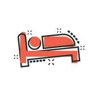 icono de cama en estilo cómico. dormir dormitorio vector dibujos animados ilustración pictograma. relajarse sofá concepto de negocio efecto de salpicadura.