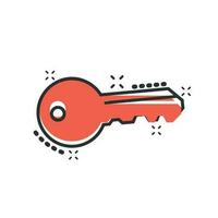 Key icon in comic style. Access login vector cartoon illustration pictogram. Password key business concept splash effect.