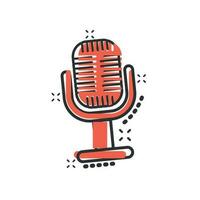 Microphone icon in comic style. Mic broadcast vector cartoon illustration pictogram. Microphone mike speech business concept splash effect.