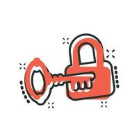 Key with padlock icon in comic style. Access login vector cartoon illustration pictogram. Lock keyhole business concept splash effect.
