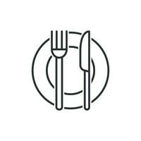 Fork, knife and plate icon in flat style. Restaurant vector illustration on white isolated background. Dinner business concept.