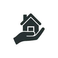 Home care icon in flat style. Hand hold house vector illustration on white isolated background. Building quality business concept.