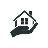 Home care icon in flat style. Hand hold house vector illustration on white isolated background. Building quality business concept.