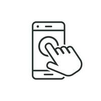 mano toque teléfono inteligente icono en plano estilo. teléfono dedo vector ilustración en blanco aislado antecedentes. cursor pantalla táctil negocio concepto.