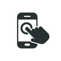 Hand touch smartphone icon in flat style. Phone finger vector illustration on white isolated background. Cursor touchscreen business concept.