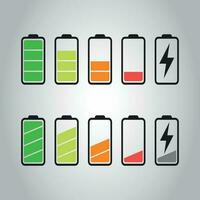 Battery icon vector set isolated on gray background. Symbols of battery charge level, full and low. The degree of battery power flat vector illustration.