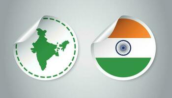 India sticker with flag and map. Label, round tag with country. Vector illustration on gray background.