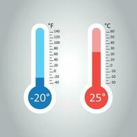 Celsius y Fahrenheit termómetros icono con diferente niveles plano vector ilustración aislado en gris antecedentes.