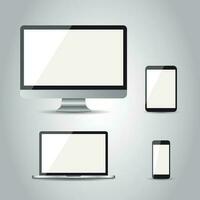 Realistic device flat Icons smartphone, tablet, laptop and desktop computer. Vector illustration on gray background