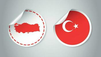 Turkey sticker with flag and map. Label, round tag with country. Vector illustration on gray background.