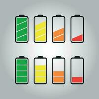 Battery icon vector set isolated on gray background. Symbols of battery charge level, full and low. The degree of battery power flat vector illustration.