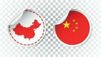 China sticker with flag and map. Label, round tag with country. Vector illustration on isolated background.