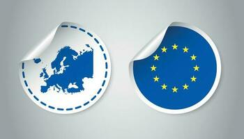 Europa pegatina con bandera y mapa. europeo Unión etiqueta, redondo etiqueta con país. vector ilustración en gris antecedentes.