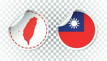 Taiwan sticker with flag and map. Label, round tag with country. Vector illustration on isolated background.