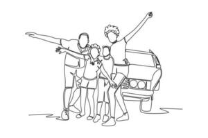 Continuous one line drawing road trip concept. Single line draw design vector graphic illustration.