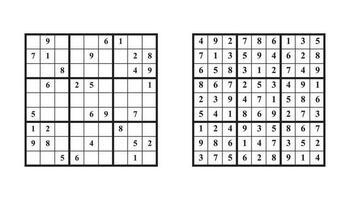 Sudoku game with answer. Vector puzzle game with numbers for kids and adults. Illustration on white background.