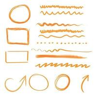 Hand drawn arrows and circles icon set. Collection of pencil sketch symbols. Vector illustration on white background.