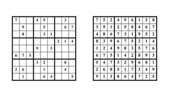Sudoku game with answer. Vector puzzle game with numbers for kids and adults. Illustration on white background.
