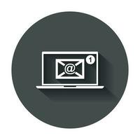 Email envelope message on laptop. Vector illustration in flat style with long shadow.