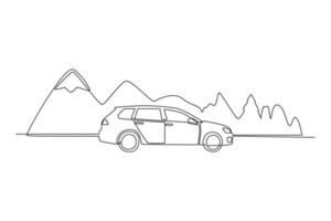 Continuous one line drawing road trip concept. Single line draw design vector graphic illustration.