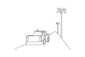 Continuous one line drawing road trip concept. Single line draw design vector graphic illustration.