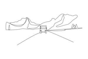 Continuous one line drawing road trip concept. Single line draw design vector graphic illustration.