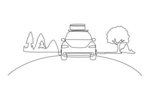 Continuous one line drawing road trip concept. Single line draw design vector graphic illustration.