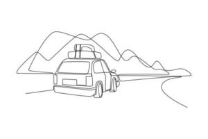 Continuous one line drawing road trip concept. Single line draw design vector graphic illustration.