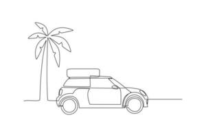 Continuous one line drawing road trip concept. Single line draw design vector graphic illustration.