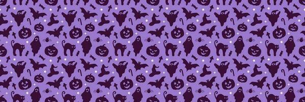 Halloween vector seamless pattern design with pumpkin, bat, cat and ghost