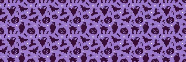 Halloween vector seamless pattern design with pumpkin, bat, cat and ghost