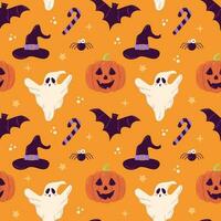 Halloween vector seamless pattern design with ghost, pumpkin and bat