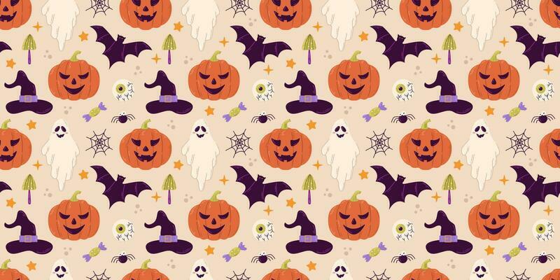 Halloween vector seamless pattern design with pumpkin, bat, spider and ghost
