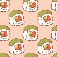 Seamless pattern with cartoon kawaii sushi roll. Cute anime print for phone case, backgrounds, fashion, wrapping paper and textile. Vector Illustration