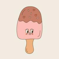 Ice cream in cartoon retro groovy style. Eskimo with face of the 70s. vector