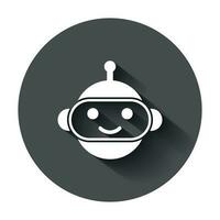 Cute robot chatbot icon in flat style. Bot operator vector illustration with long shadow. Smart chatbot character business concept.