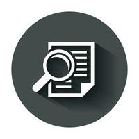 Scrutiny document plan icon in flat style. Review statement vector illustration with long shadow. Document with magnifier loupe business concept.