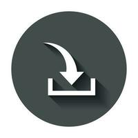 Download file icon in flat style. Arrow down downloading vector illustration with long shadow. Download business concept.