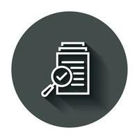 Scrutiny document plan icon in flat style. Review statement vector illustration with long shadow. Document with magnifier loupe business concept.