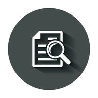 Scrutiny document plan icon in flat style. Review statement vector illustration with long shadow. Document with magnifier loupe business concept.