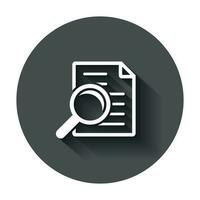 Scrutiny document plan icon in flat style. Review statement vector illustration with long shadow. Document with magnifier loupe business concept.