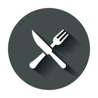 Fork and knife restaurant icon in flat style. Dinner equipment vector illustration with long shadow. Restaurant business concept.