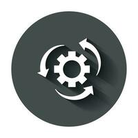 Workflow process icon in flat style. Gear cog wheel with arrows vector illustration with long shadow. Workflow business concept.