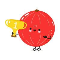 Red Ribes hold gold trophy cup. Vector hand drawn cartoon kawaii character illustration icon. Isolated on white background. Red Ribes with winner trophy cup