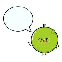 Peas with speech bubble. Vector hand drawn cartoon kawaii character illustration icon. Isolated on white background. Peas character concept