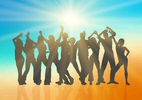 silhouette of a crowd of people dancing on a beach themed background vector