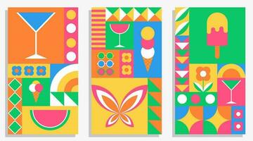 Set of abstract summer poster, card with simple geometric shapes. Colorful cocktail party invitation, summer background, cover. vector