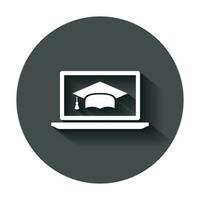 Elearning education icon in flat style. Study vector illustration with long shadow. Laptop computer online training business concept.